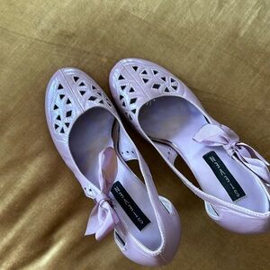 Worn once High Heels Lilac color Ribbon side Perforated  Leather Sole Upper mix